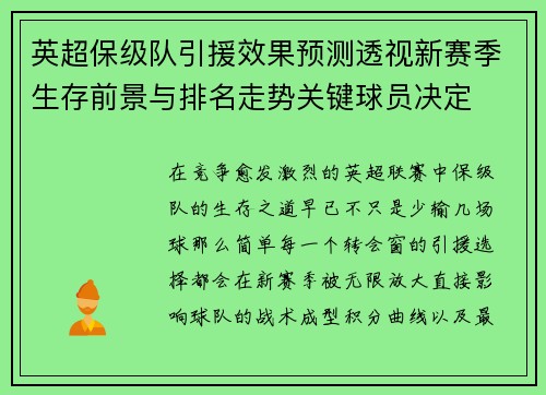 英超保级队引援效果预测透视新赛季生存前景与排名走势关键球员决定